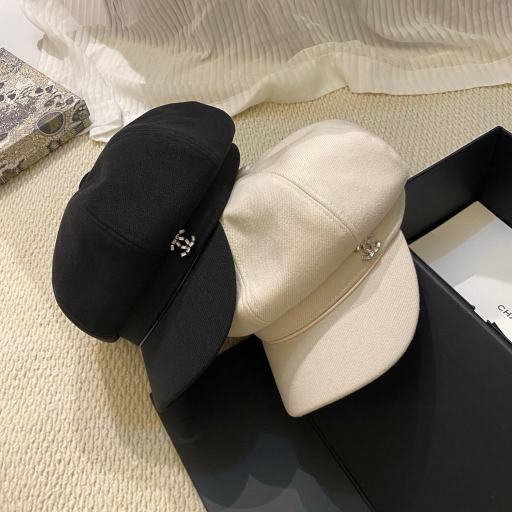 Chanel Crystal Logo Wool Newsboy Cap